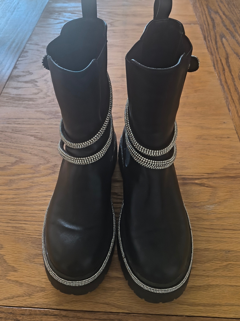 Women's Black Rhinestone-Trim Combat Boots